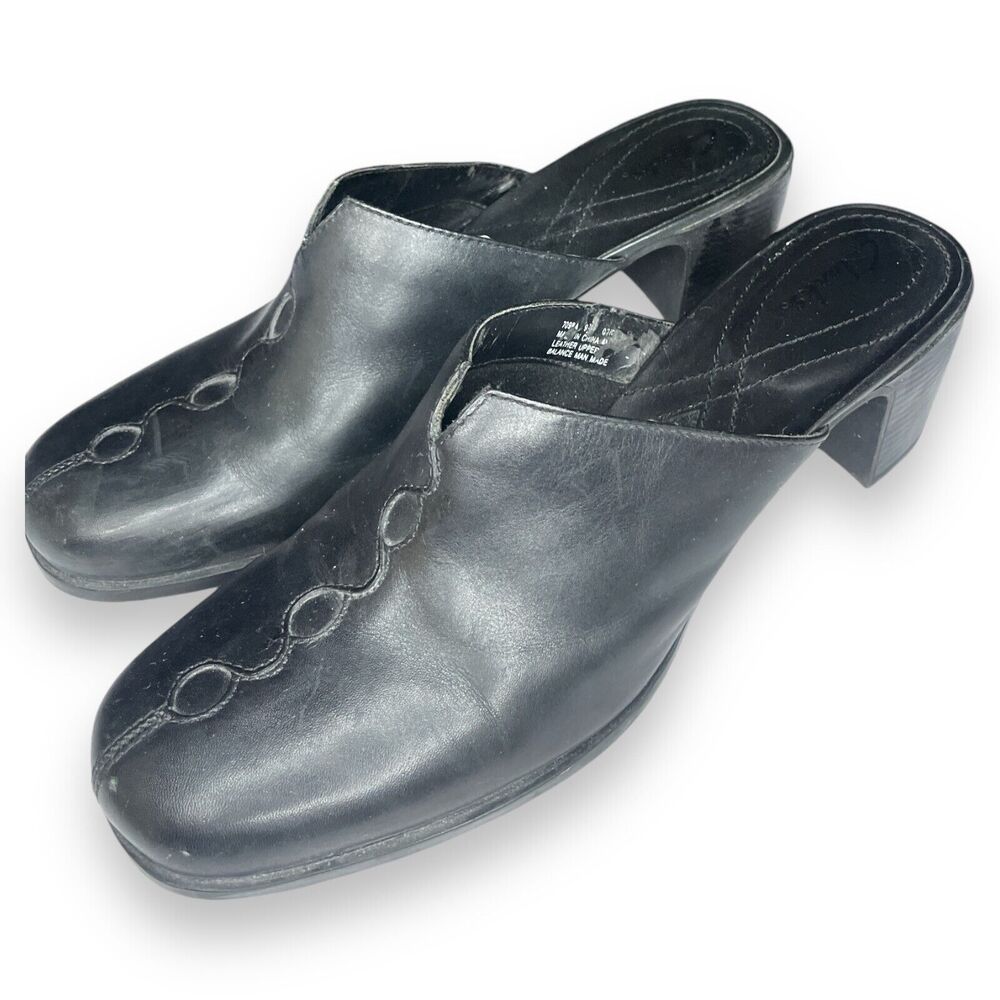 Clarks Black Leather Mule Clog Heels - Women's Slip-On Shoes - Size 9.5